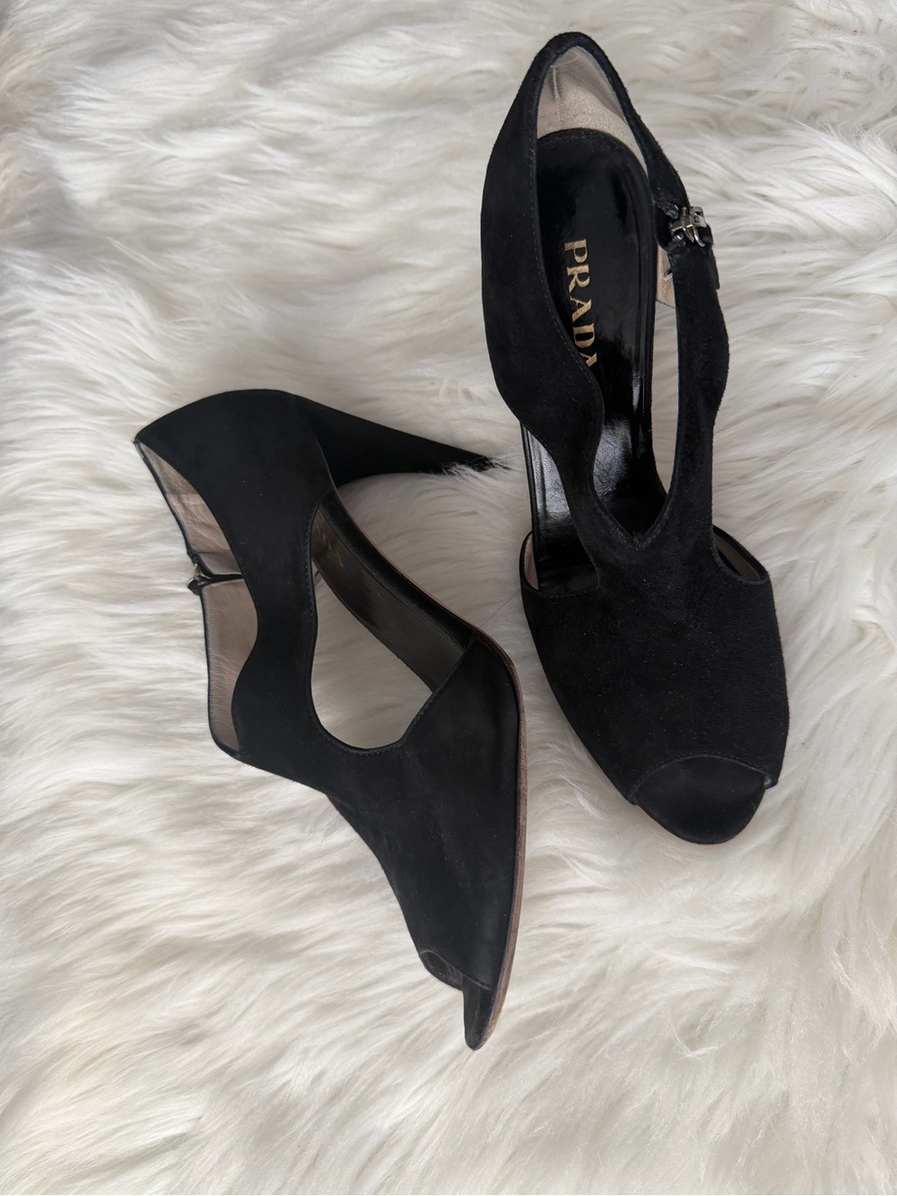 Prada Black Suede Peep-Toe Heels